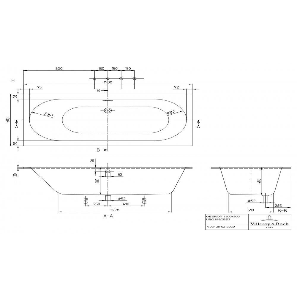 Квариловая ванна Villeroy & Boch Oberon 190x90 UBQ199OBE2V-01