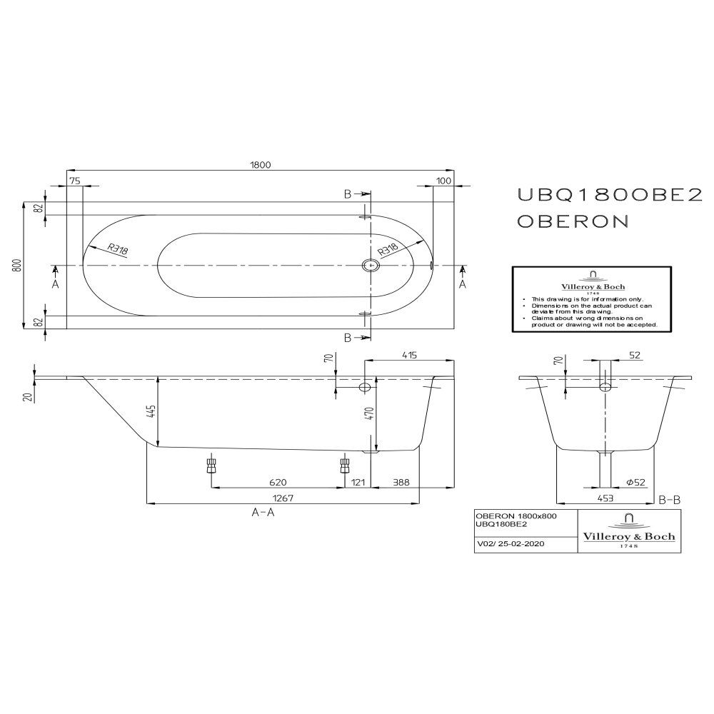 Квариловая ванна Villeroy & Boch Oberon 180x80 UBQ180OBE2V-01
